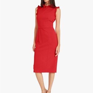 Maggy London Red Sheath Midi Dress with Flutter Cap Sleeves
